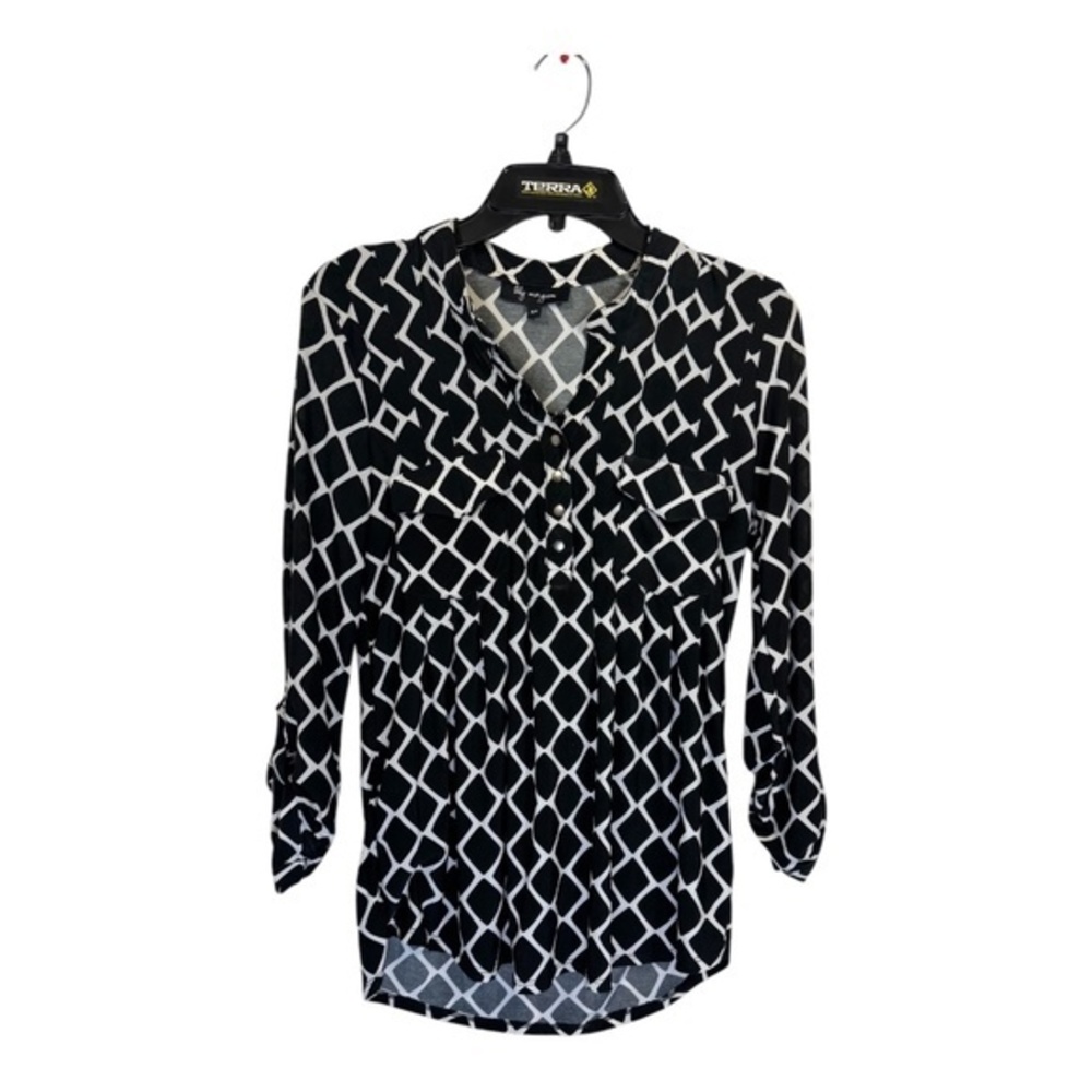 Lily Morgan Blouse Womens Size Small Geometric Black White V-Neck 1/4 Button